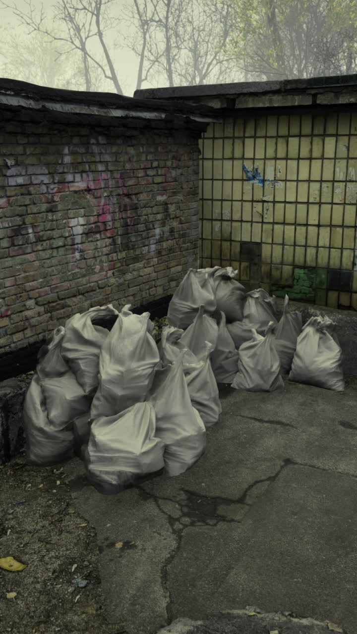 Surrounded by bare treestrash bags pile up against a weathered brick wall