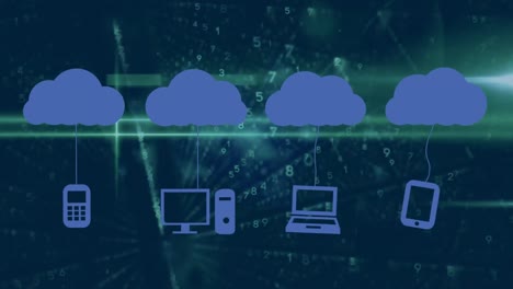 Animation-Von-Wolkensymbolen-Und-Datenverarbeitung-Auf-Dunklem-Hintergrund