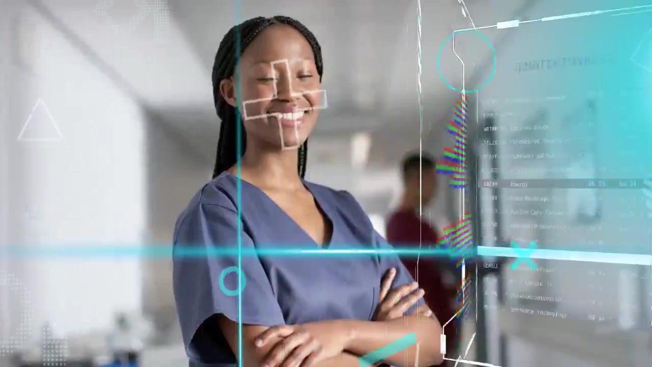 Clinica donna in piedi nel reparto, HUD che attiva una scanline che oscura e poi rivela dati per l'assistenza.