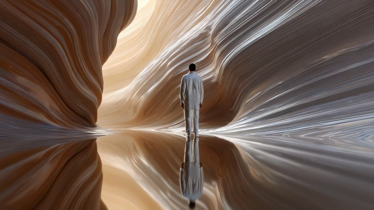 A solitary figure stands in a surreal landscape of flowing textures, where light dances through curves of earthy hues, creating a mesmerizing reflection on a glassy surface in a vast canyon of imagination