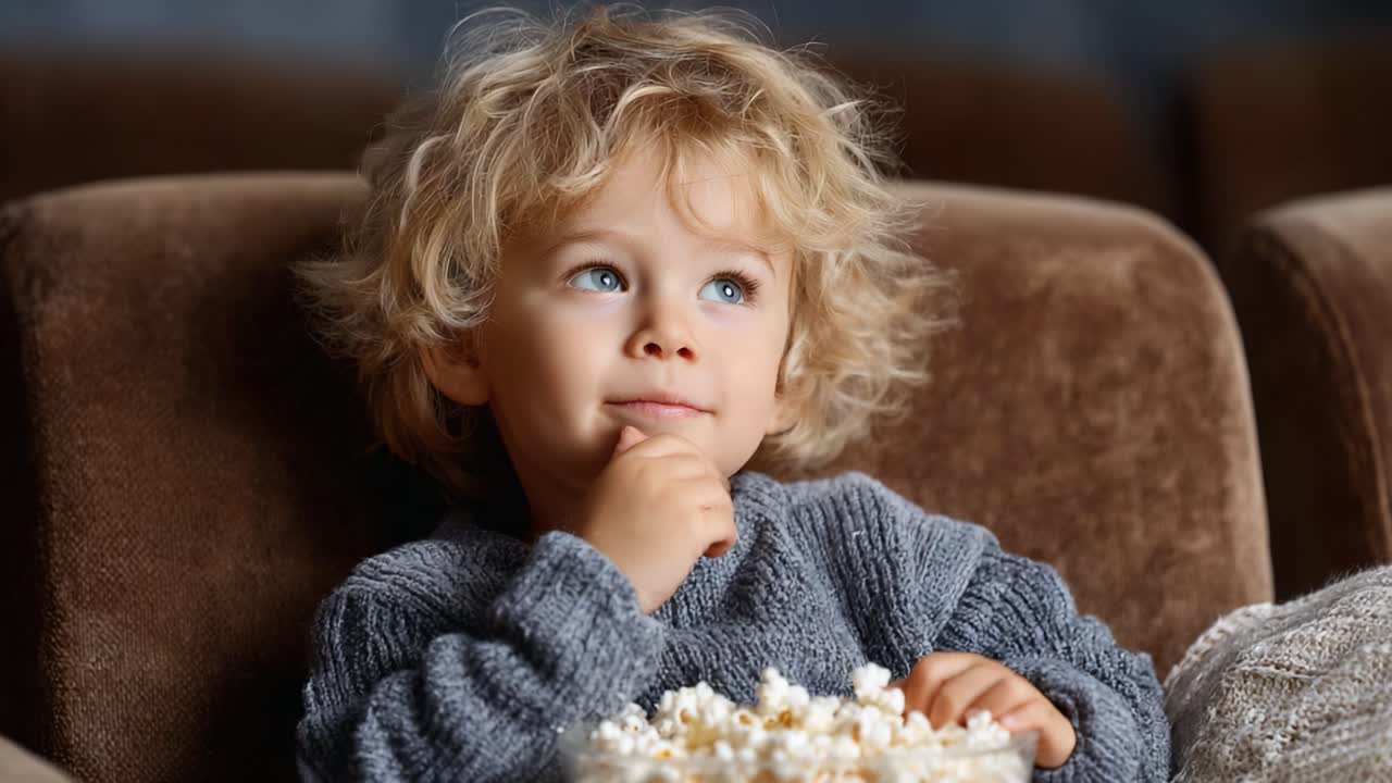 A Young Child Enthralled by the Joy of Movies with a Bowl of Popcorn in Hand, Capturing a Moment of Innocence and Wonder in a Cozy Living Room Setting