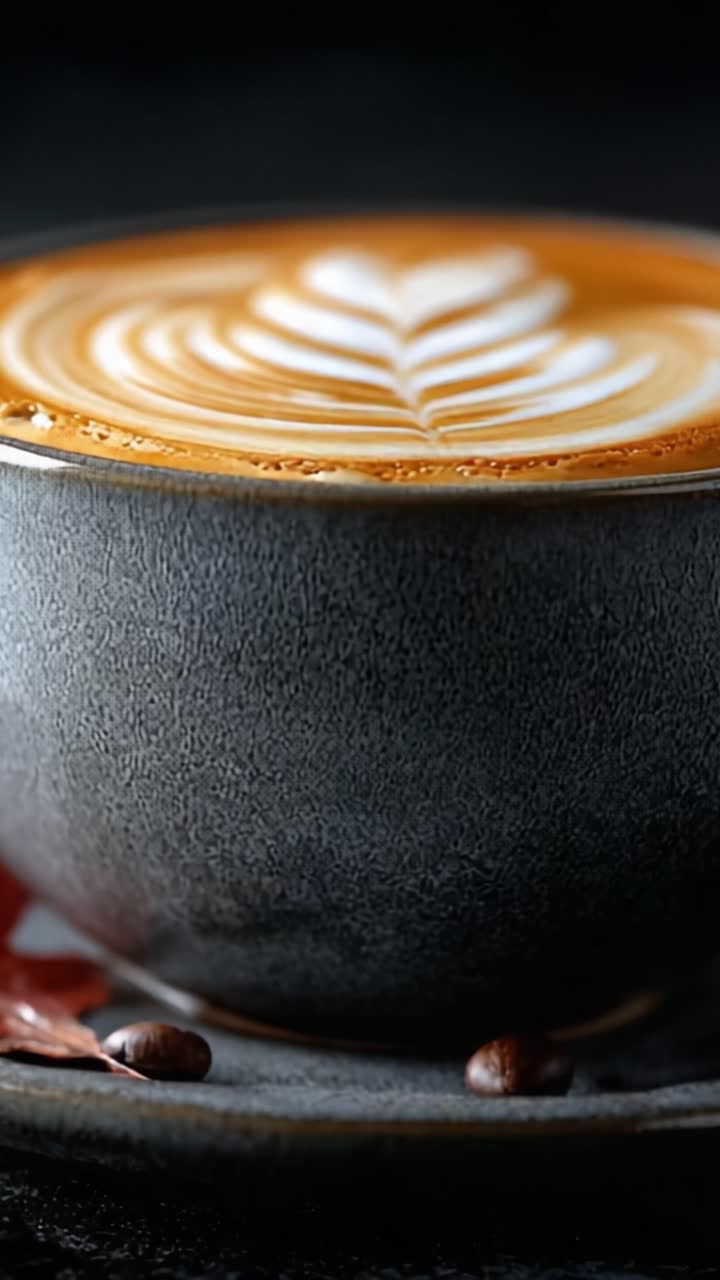 Una tazza di caffè ricca e cremosa che mette in mostra una splendida latte art con motivi intricati, realizzata alla perfezione per tutti gli amanti del caffè