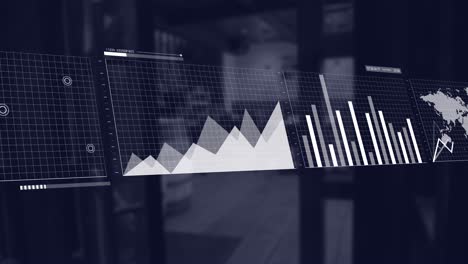 Animation-Von-Bildschirmen-Mit-Mehreren-Diagrammen,-Die-Sich-über-Den-Eingang-Eines-Leeren-Cafés-Bewegen