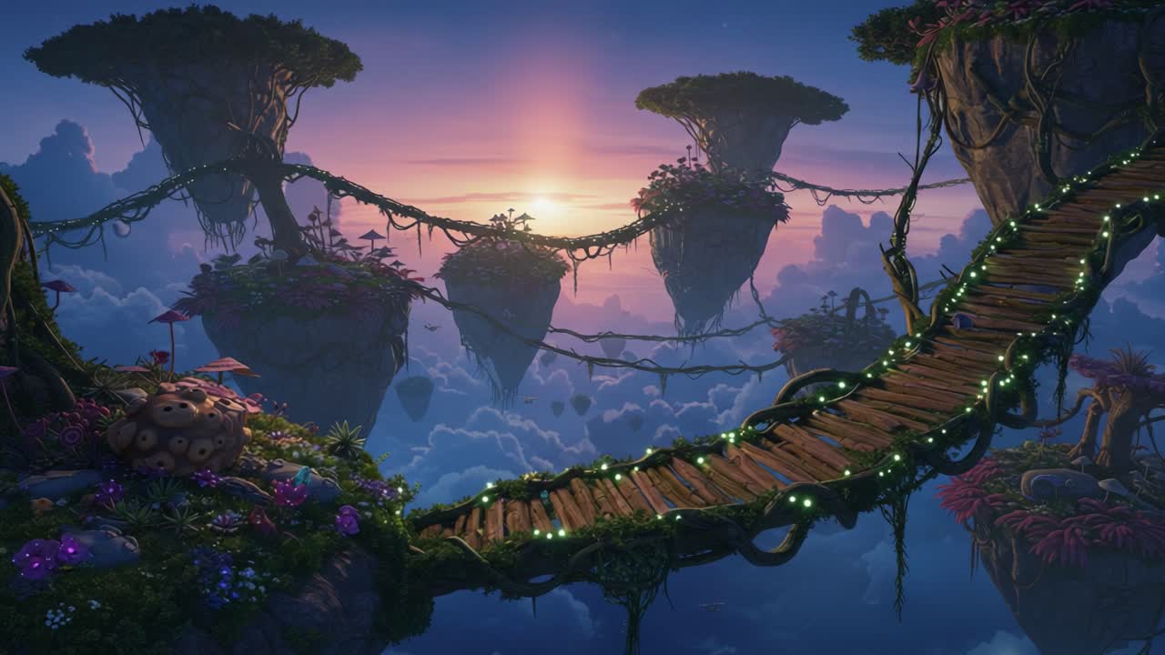 A serene and enchanting view of floating islands amidst vibrant flora, showcasing a luminous wooden bridge connecting the landscapes under a breathtaking sunrise