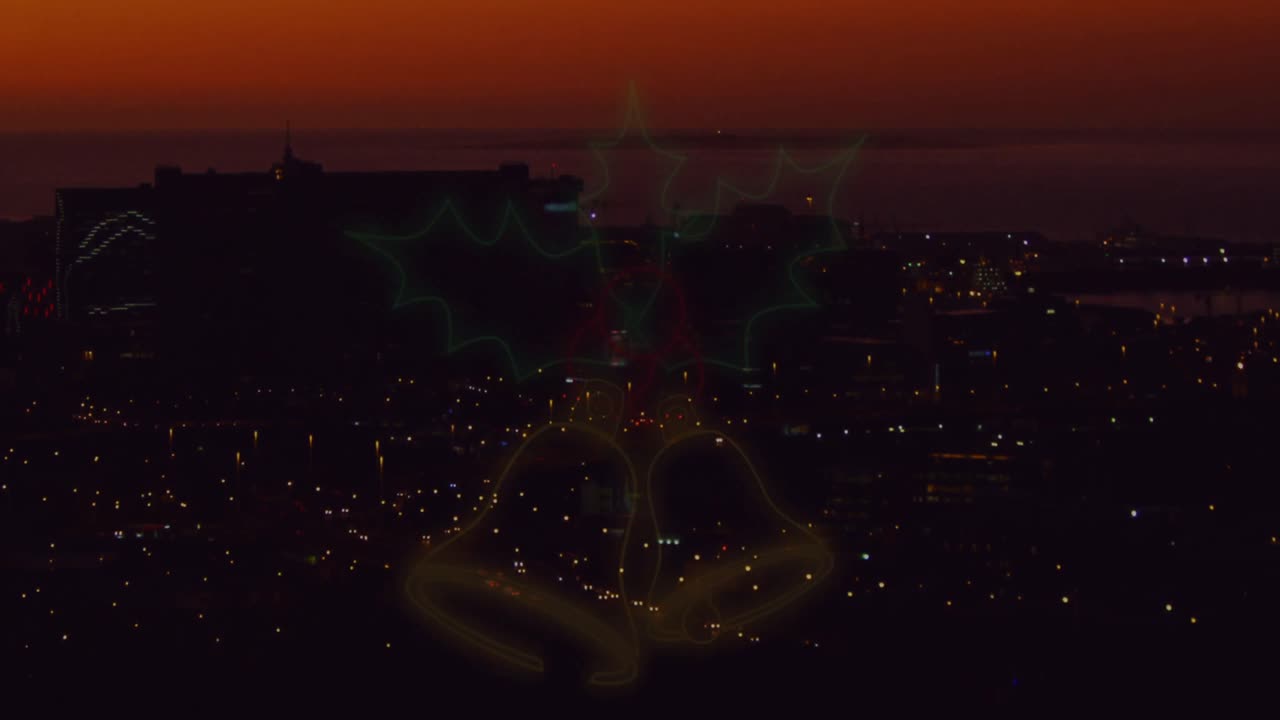 도시 풍경 배경 위에서  ⁇ 박이는 네온 크리스마스 장식의 애니메이션