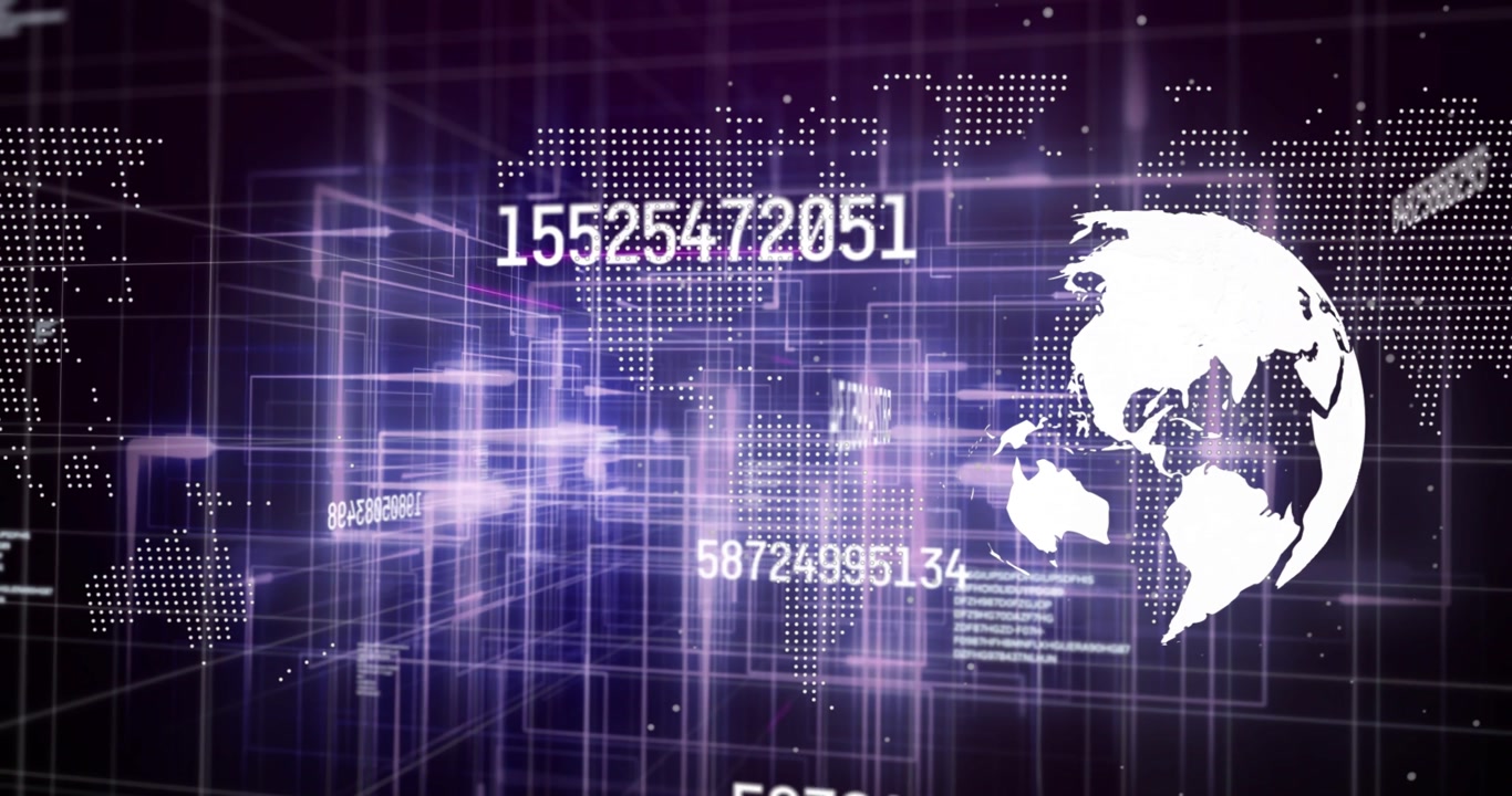 Camera panning left, advancing, revealing rotating globe, cascading numbers, visualizing tech data