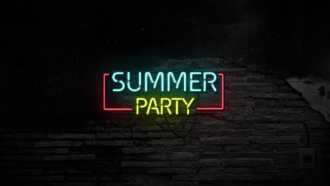 summer party sign neon light on stone brick wall background. travel holiday and business service concept.