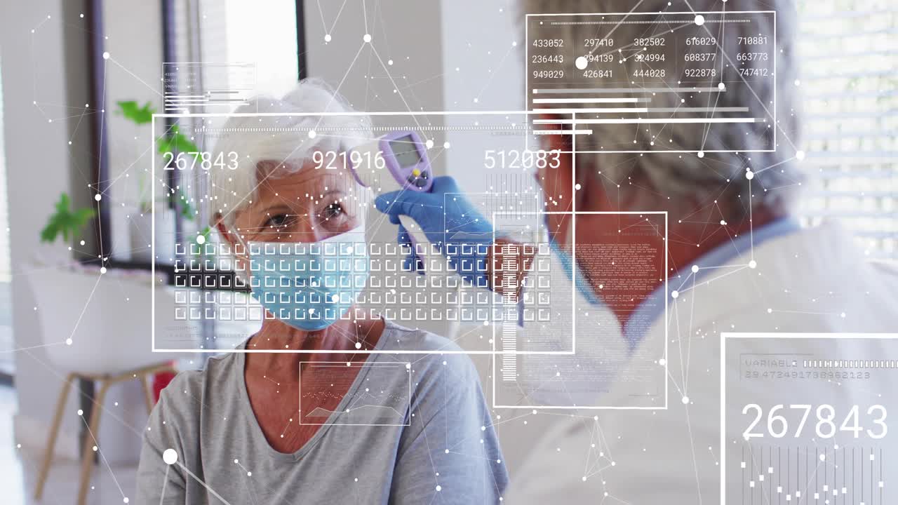 Clinician raising infrared thermometer at forehead monitoring vitals with interface updating values