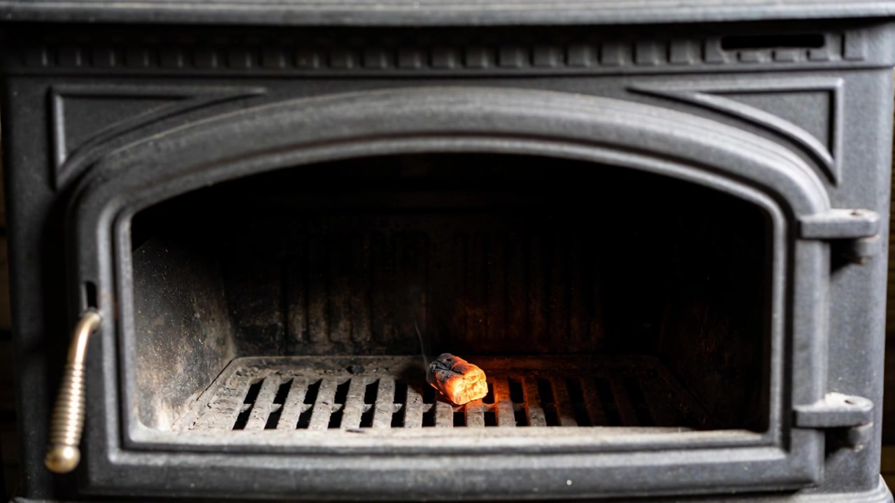 Fiamme che si affievoliscono, brace incandescente che sfarfalla e si raffredda all'interno di una stufa in ghisa con maniglia a spirale.