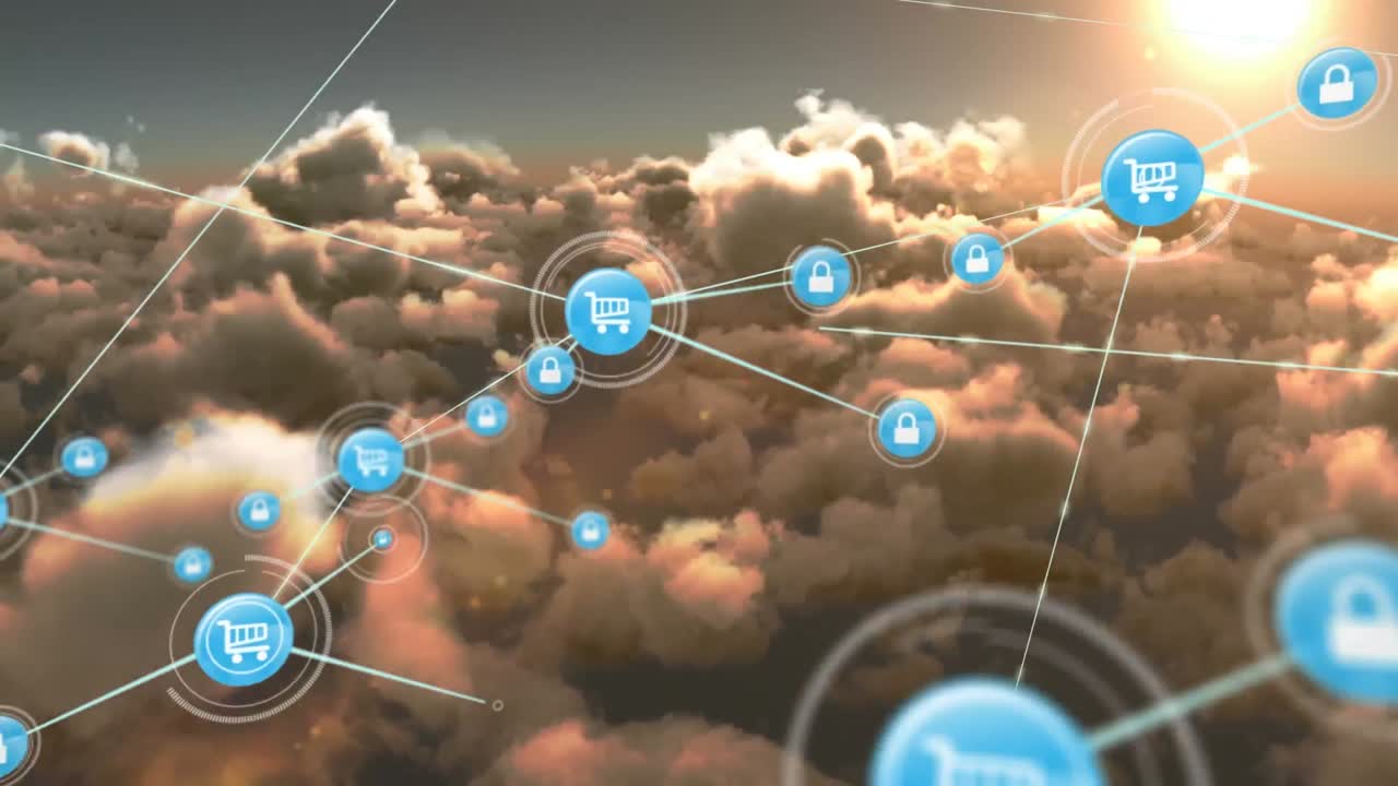 animación de la red de conexiones con iconos sobre nubes en el cielo