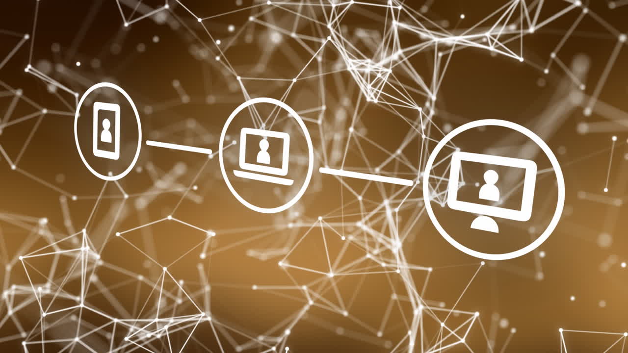 갈색 그래디언트 배경에 대한 연결 네트워크와 디지털 아이콘의 애니메이션