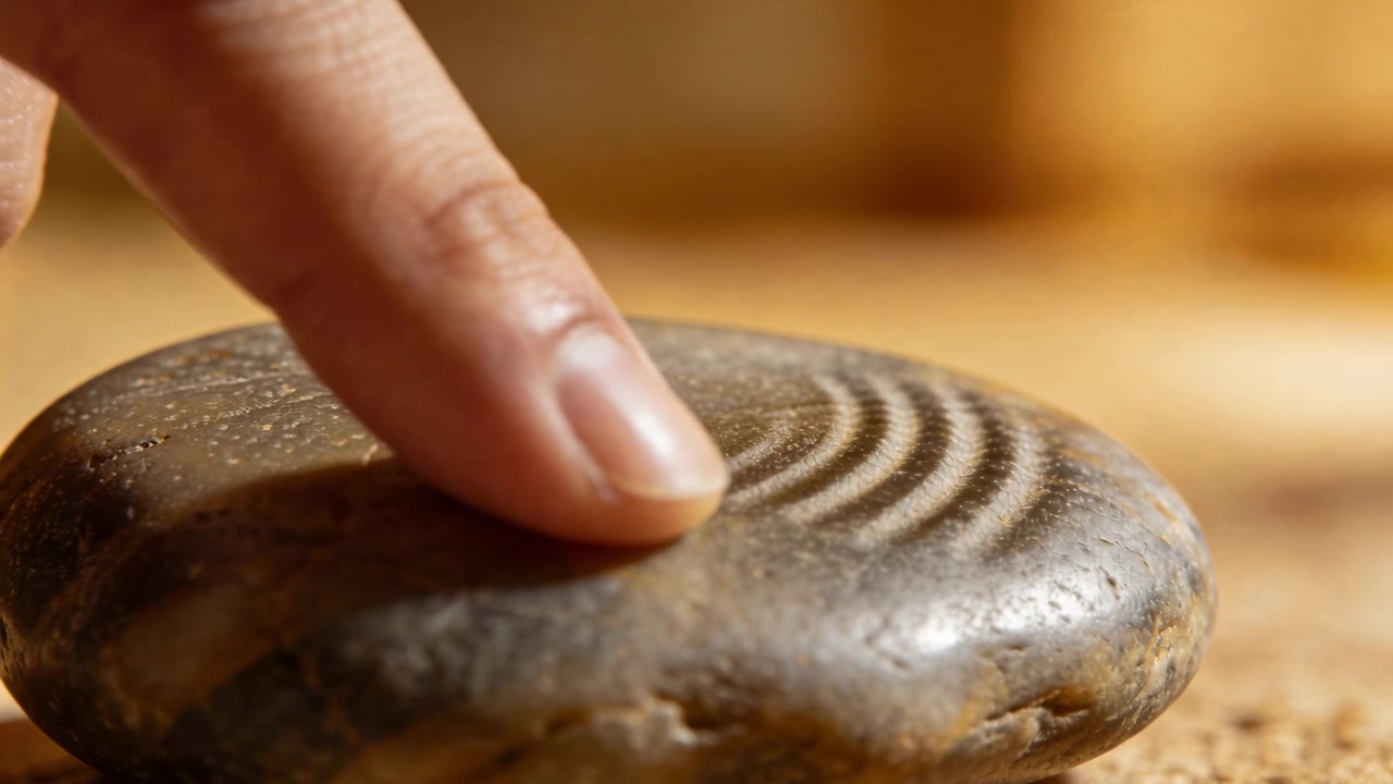 La punta del dito destro si avvicina, tracciando scanalature intagliate su un tavolo di legno e percependo le asperità, con una fascia scura.