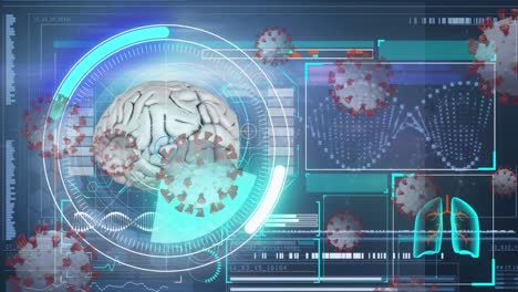 Animación-De-Células-Covid-19-Con-Cerebro-Humano-Girando-Y-Pantallas-Con-Procesamiento-De-Datos