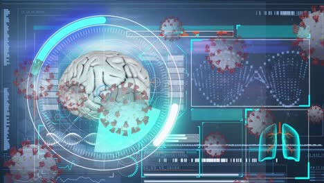 animación de células de covid 19 con cerebro humano girando y pantallas con procesamiento de datos