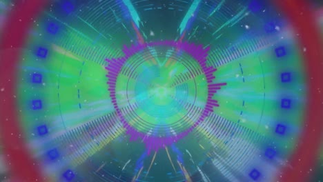 Animation-of-multiple-circular-patterns-over-lens-flares-against-looping-tunnel-in-background