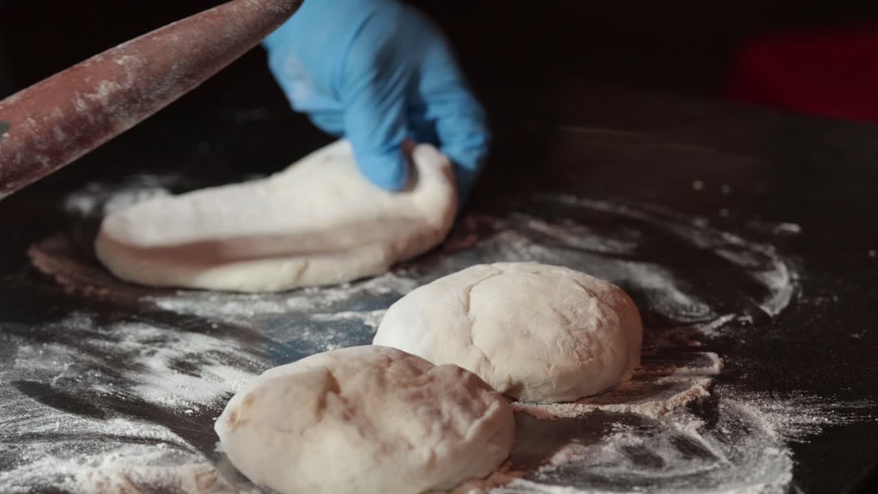 Hands shaping dough with rolling pin