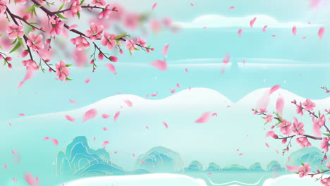 Daytime-ancient-traditional-Chinese-Japanese-landscape-ink-Painting-petals-scattered-party-of-beautiful-calm-trees,-mountains,-flowers,-lake,-water,-birds,-blue-sky,-boat,-cherry-blossoms-season