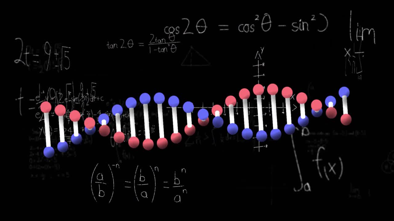 animación de fórmulas matemáticas y formas que se mueven sobre el adn sobre un fondo negro