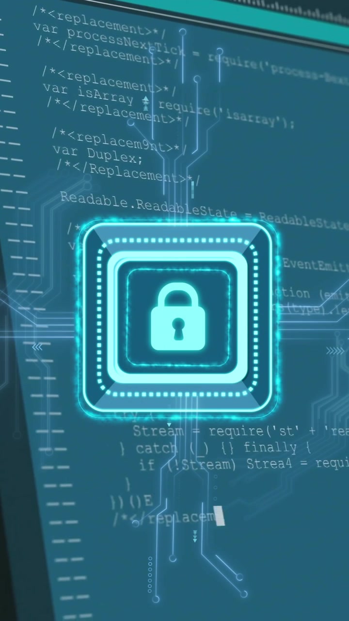 Animation of padlock icon and digital data processing over computer screens