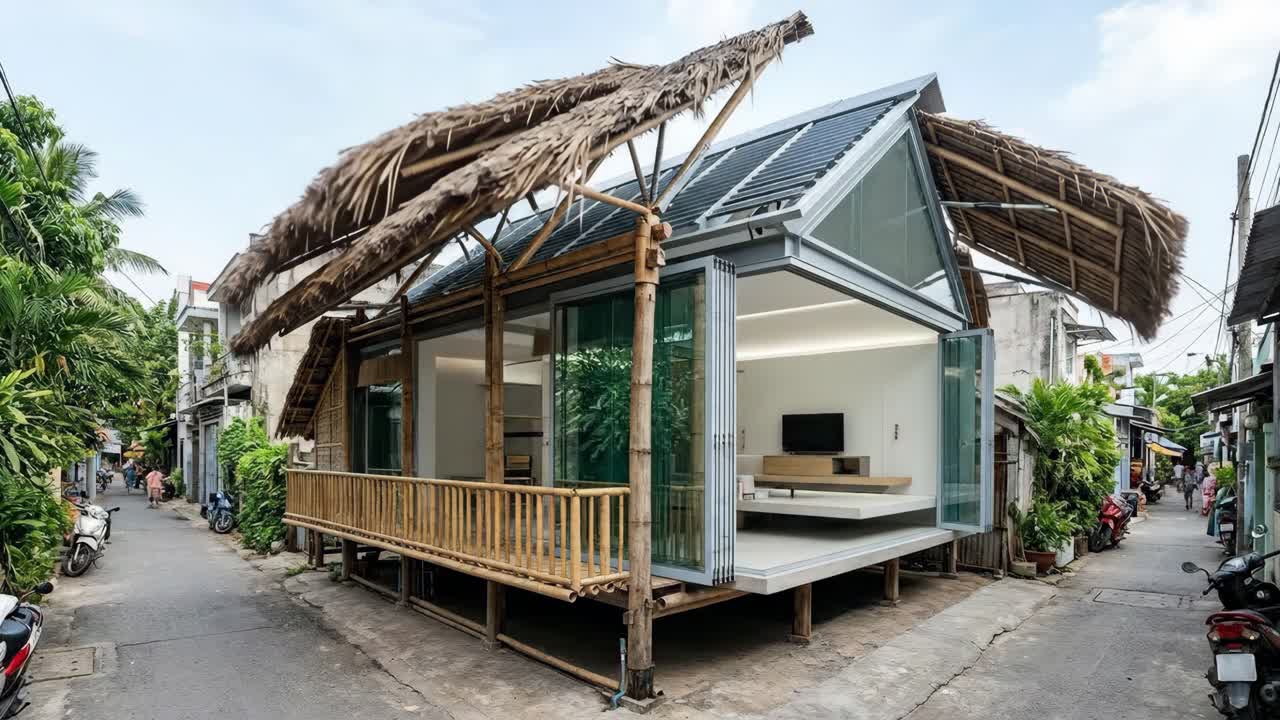 Casa moderna con tetto di paglia dinamico e pareti in vetro