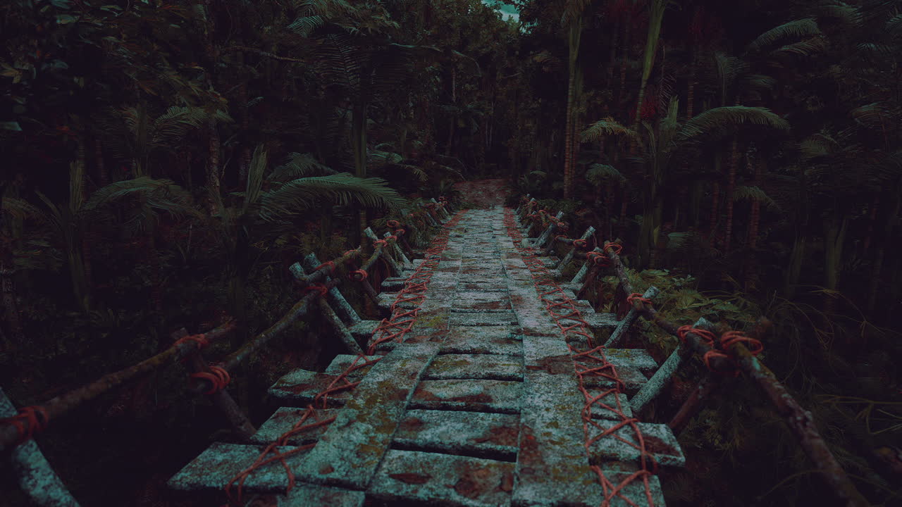 Beautiful wooden bridge in the lush tropical forest of venezuela at dusk
