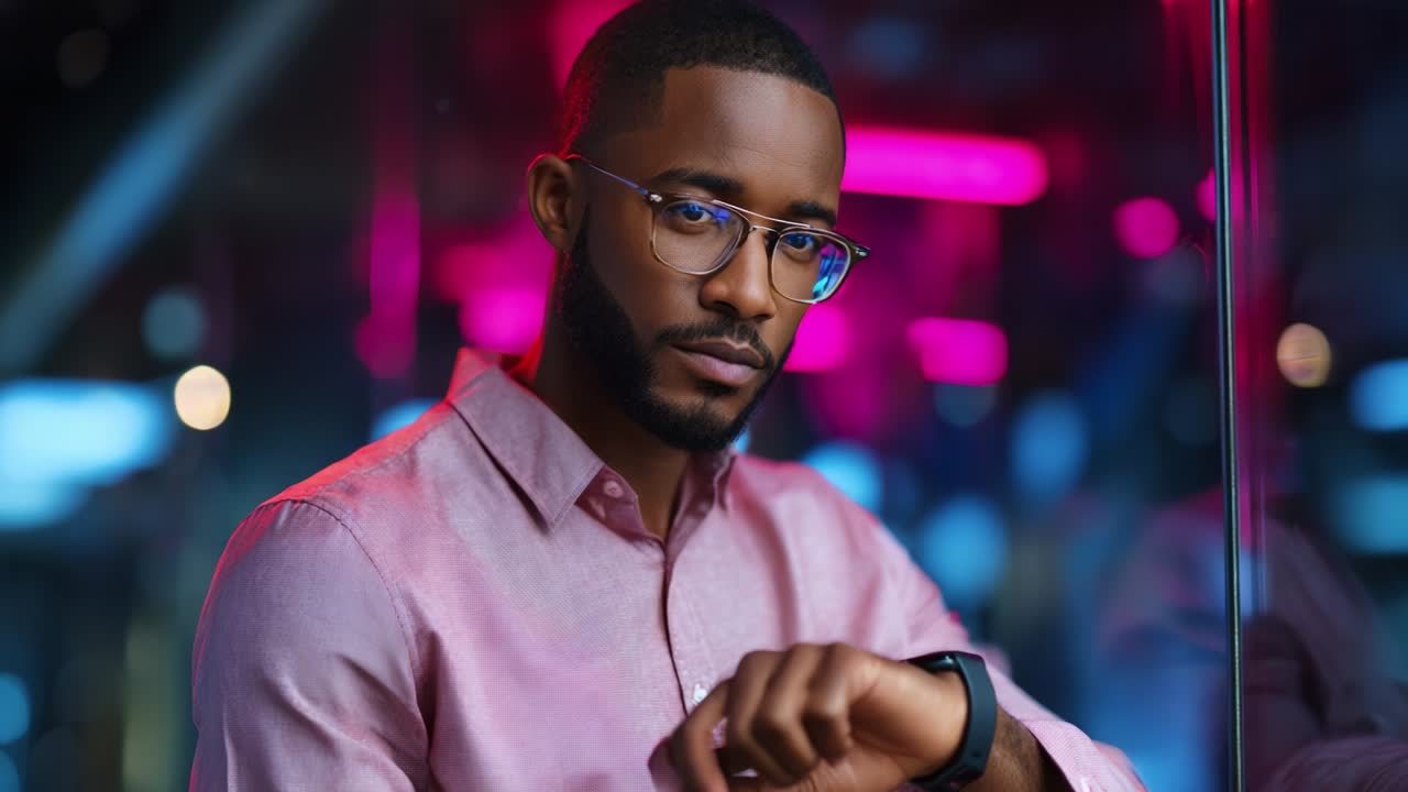 A confident young man wearing stylish glasses and a pink shirt showcases a smart watch while looking directly into the camera, surrounded by vibrant neon lights that create an engaging atmosphere