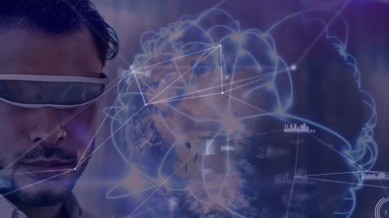 animación de la red de conexiones y el globo sobre el hombre de negocios que usa auriculares vr