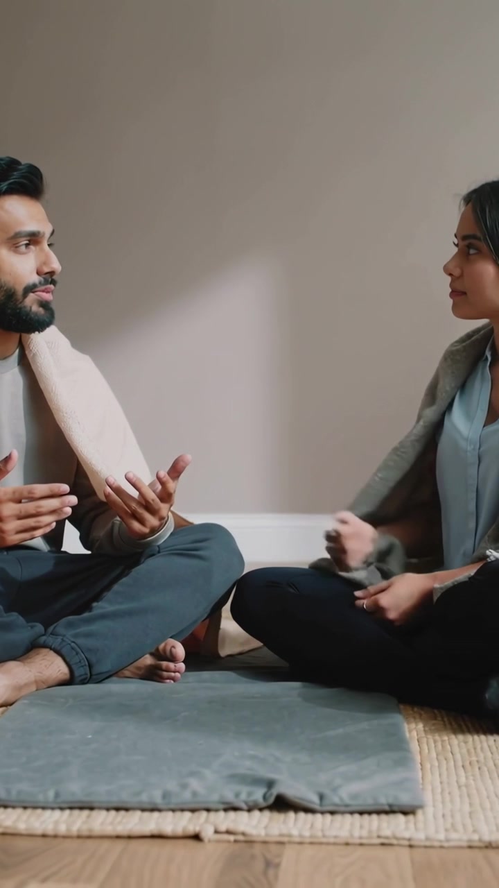 Vertikal video: Manden til venstre begynder at tale på måtter derhjemme, mens kvinden lytter og retter tæppet.