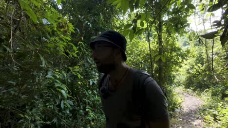 hiker forest tropical jungle trek vlog pov humid environment cat tien national park vietnam