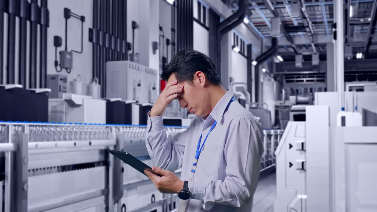 Side View Of An Asian Male Professional Worker Standing With His Tablet With Water Production in Bottling Factory, Checking With Dissapionted And Nodding His Head