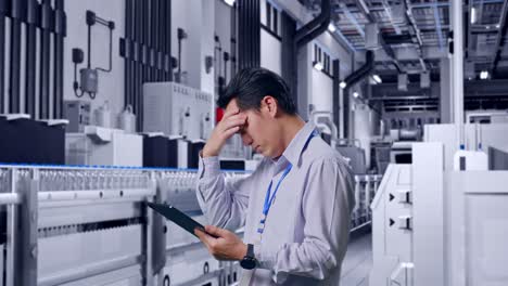 side view of an asian male professional worker standing with his tablet with water production in bottling factory, checking with dissapionted and nodding his head
