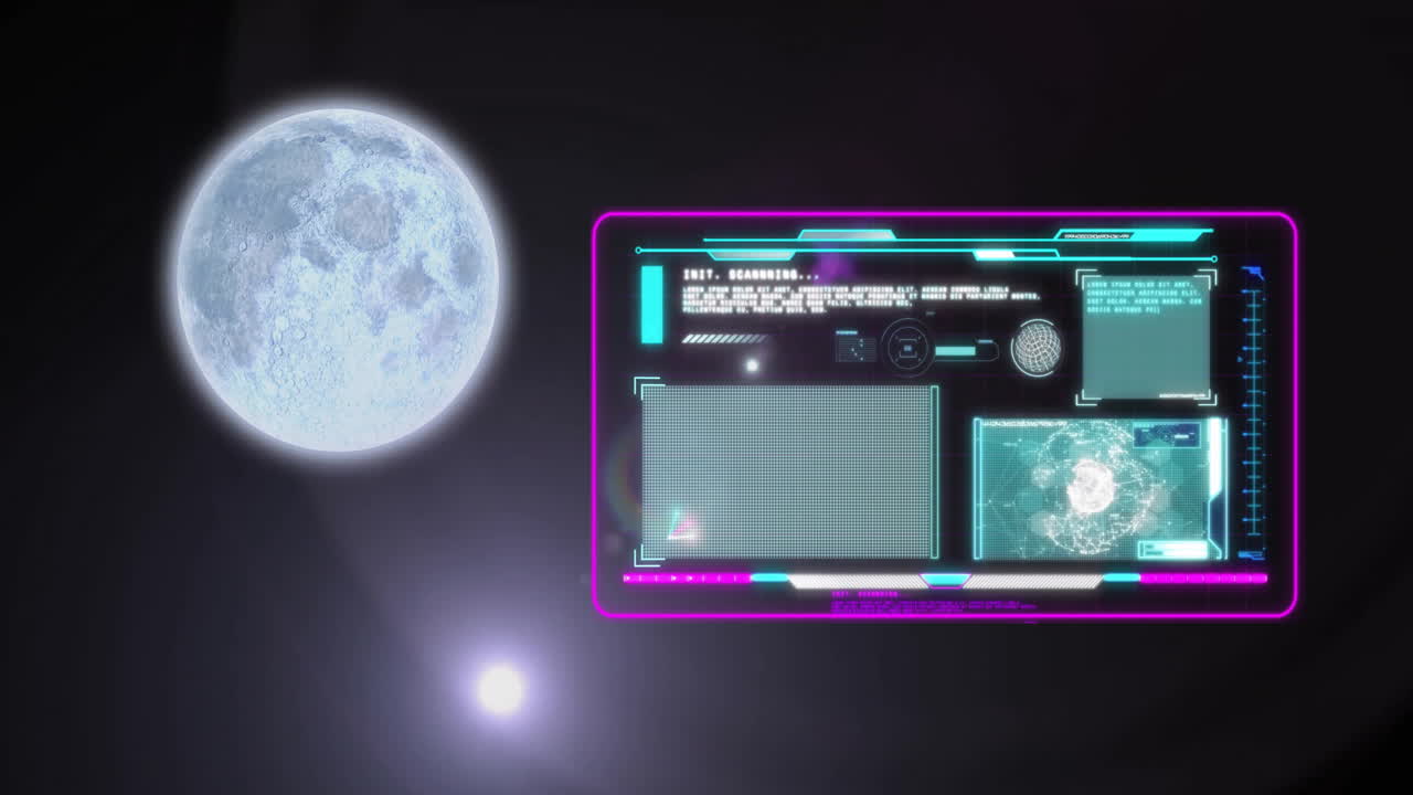 Animation of full moon and screen with data processing on black background