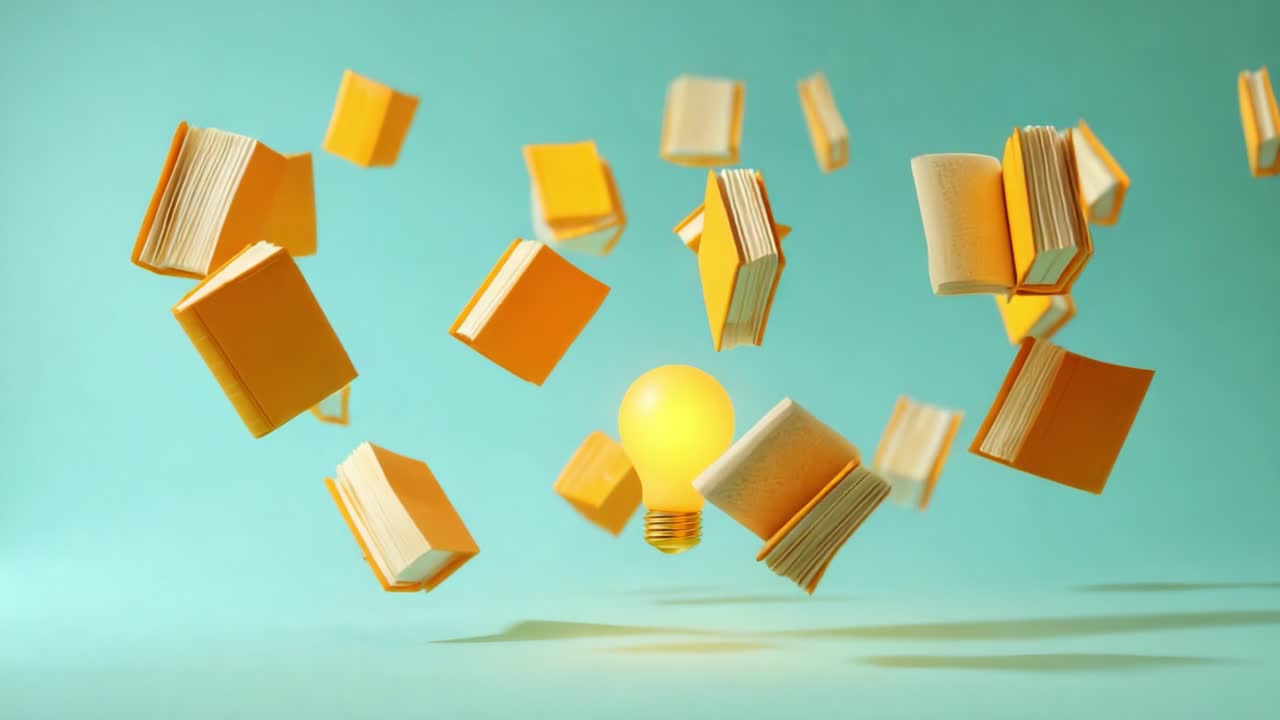 A Vibrant Representation of Knowledge and Creativity: Floating Books Surround a Glowing Light Bulb, Symbolizing Inspiration, Learning, and the Power of Ideas in a Colorful Setting