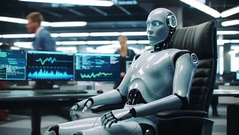 in a contemporary office environment, a sleek, humanoid robot sits attentively in a high-tech chair, analyzing data displayed on multiple screens. the robot's design features glowing blue eyes and a polished exterior. in the background, team members engage in discussions and collaborate on projects,