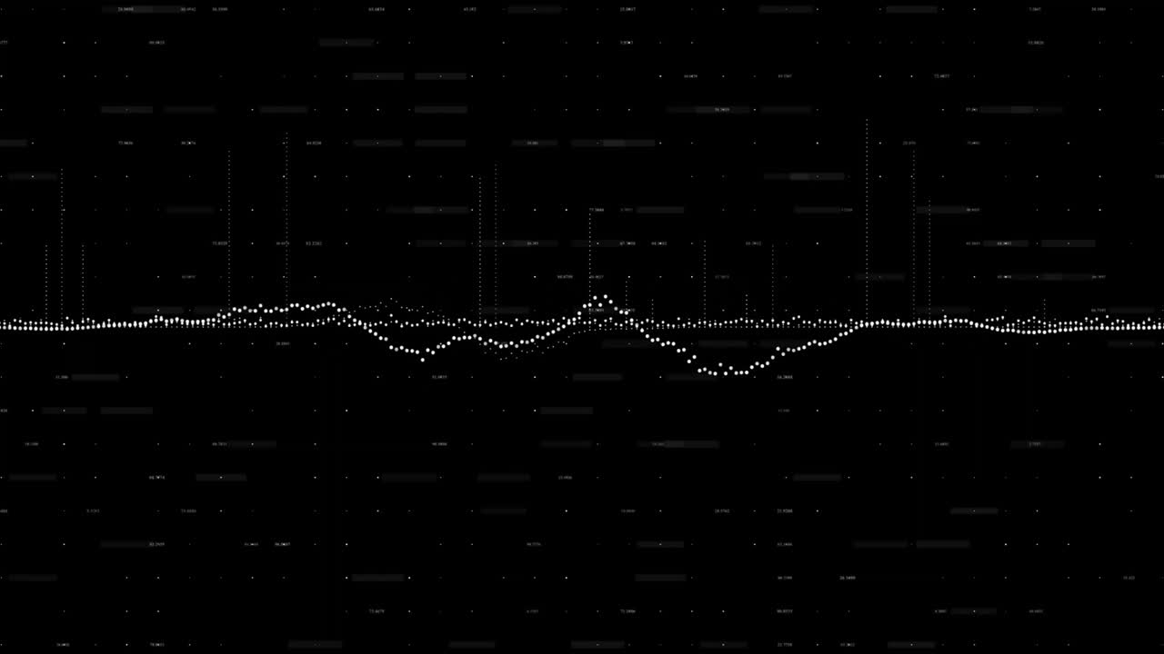 Animation of white sound wave pattern over black background with scattered dots