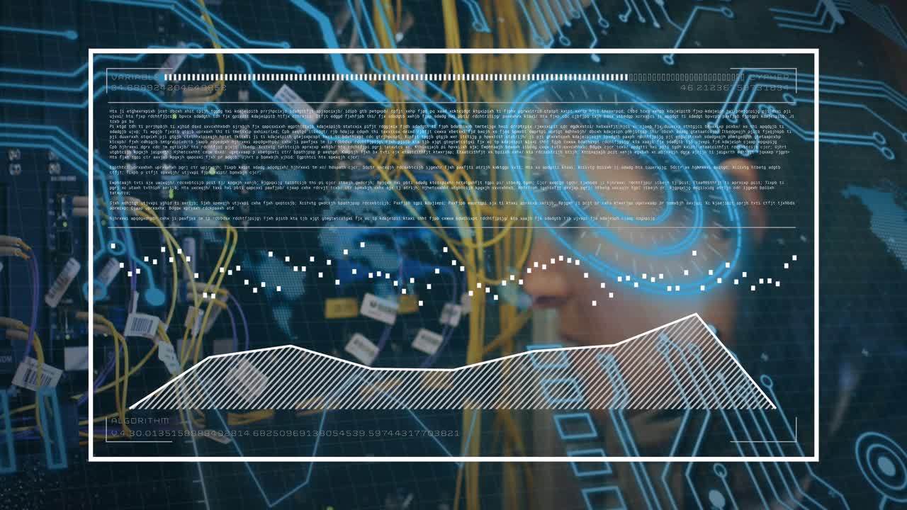 Animation of digital screen over computer wires and caucasian woman checking servers