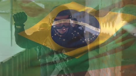 Animation-of-flag-of-brazil-over-diverse-soldiers-with-armour