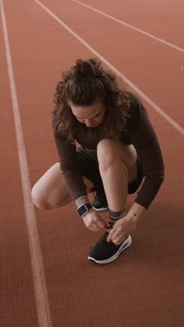 athlete tying shoelaces on a running track