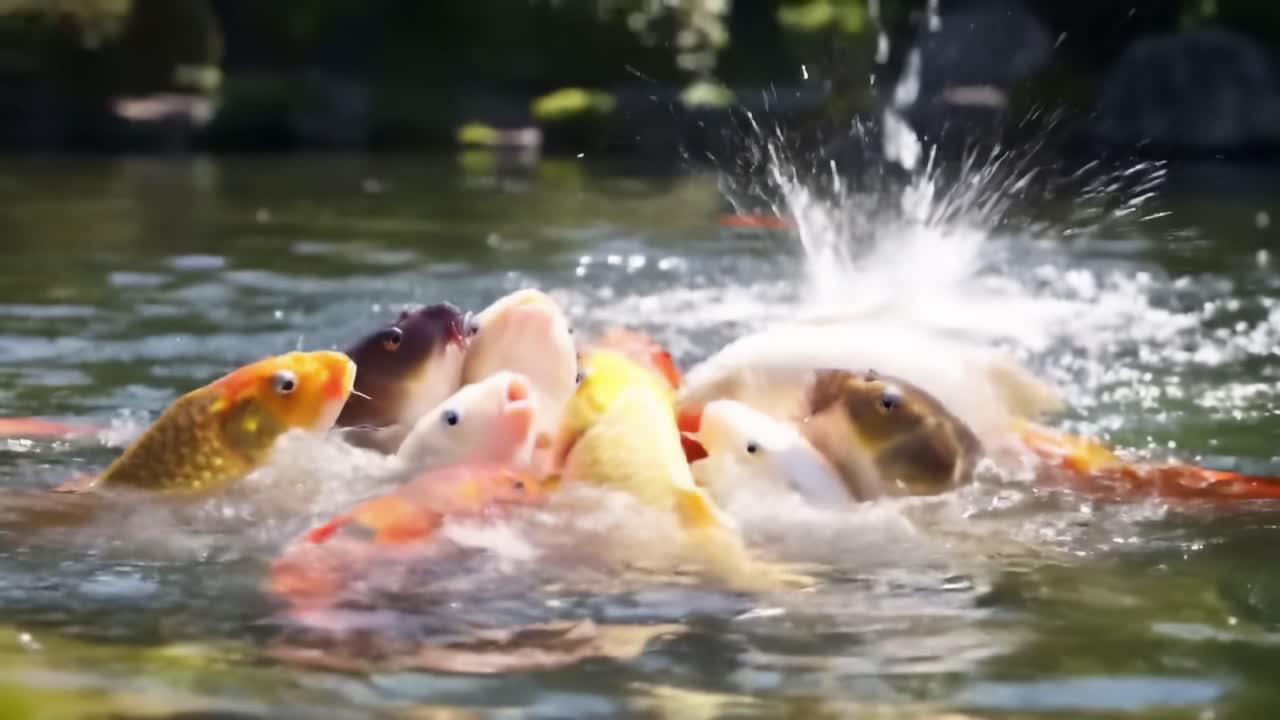 A Vibrant Underwater Scene Featuring Colorful Koi Fish Swimming Gracefully and Creating Splashes in a Serene Pond, Capturing the Essence of Nature's Beauty
