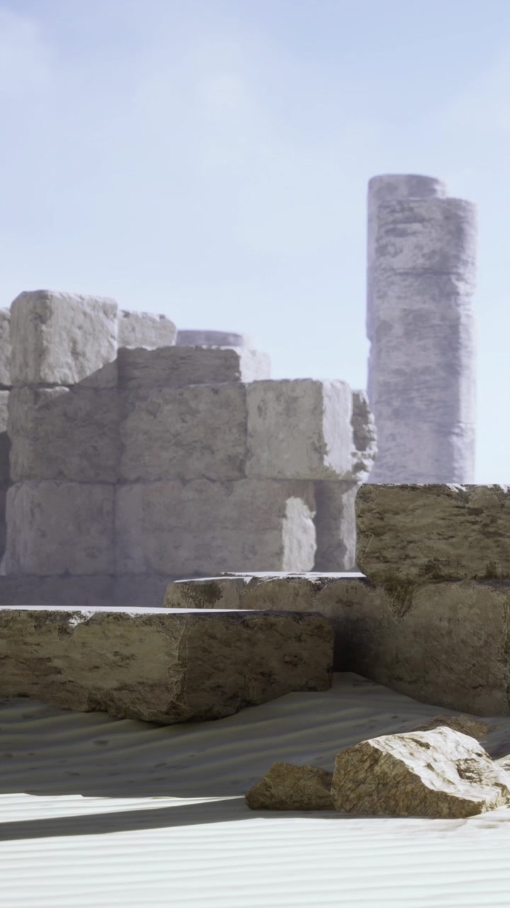 Ruinas de bloques de piedra bajo un cielo despejado en un paisaje árido durante el día.