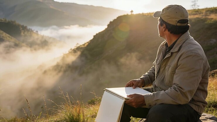 Following sunrise light man tilting sketchbook to sketch valley on hillside cap, jacket, copy space