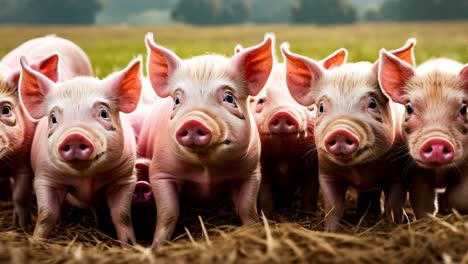 un grupo de pequeños cerdos de pie en un campo de heno