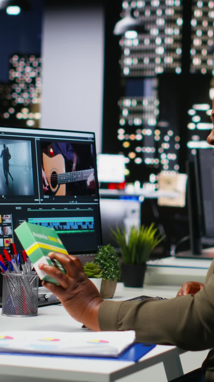 Vertical Video Female editor taking a painkiller to calm her severe headache