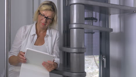 Erwachsene-Frau-Sitzt-Mit-Tablet-Auf-Der-Treppe