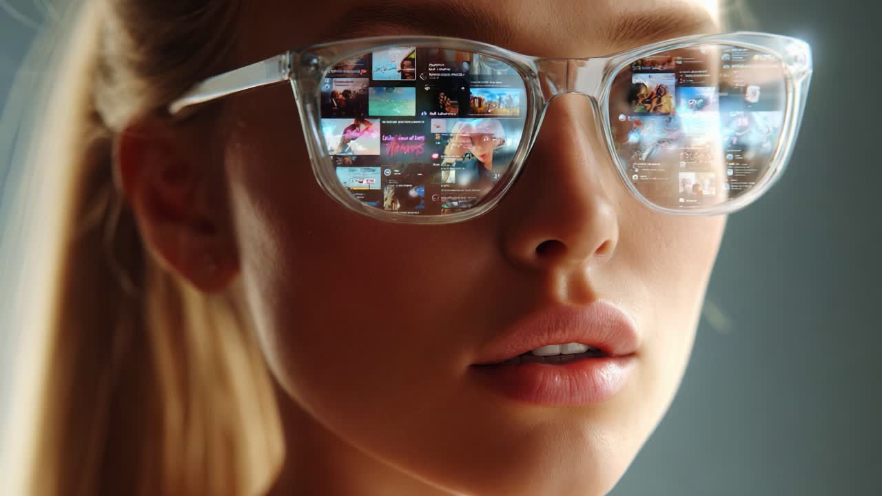 A Close-Up of a Young Person Wearing Transparent Glasses Reflecting a Digital Interface, Showcasing a Fusion of Fashion and Technology in a Modern Context