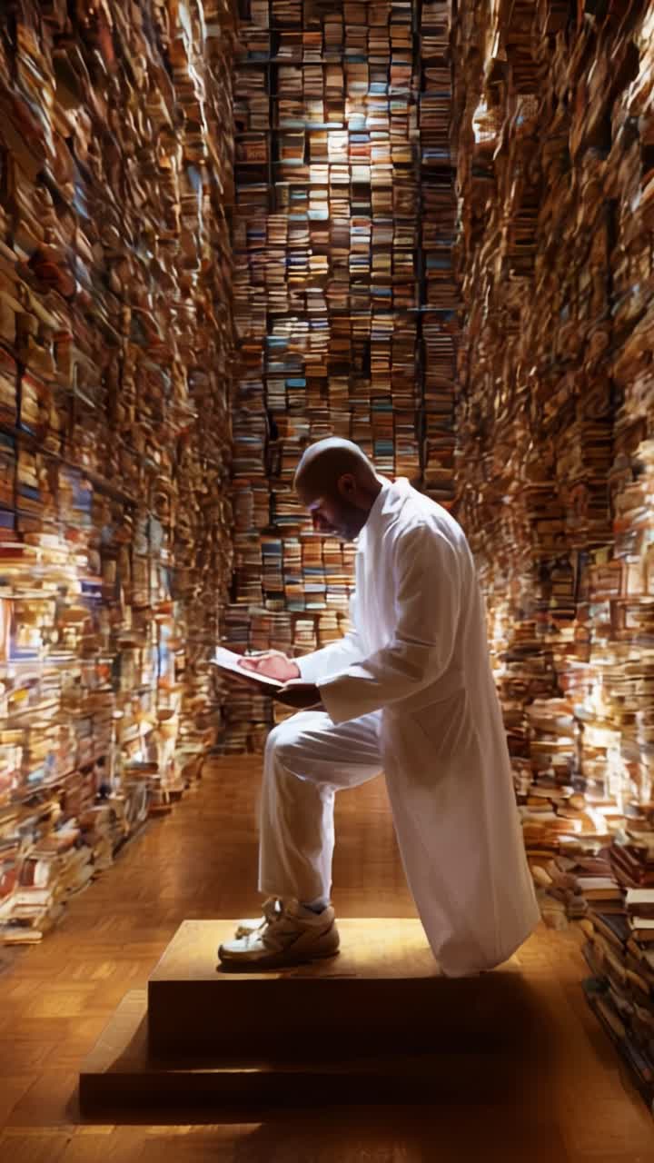 En lärd man i kontemplation: Fördjupad i kunskap och omgiven av ett stort bibliotek med böcker, vilket speglar kraften och djupet i lärande och upptäckt
