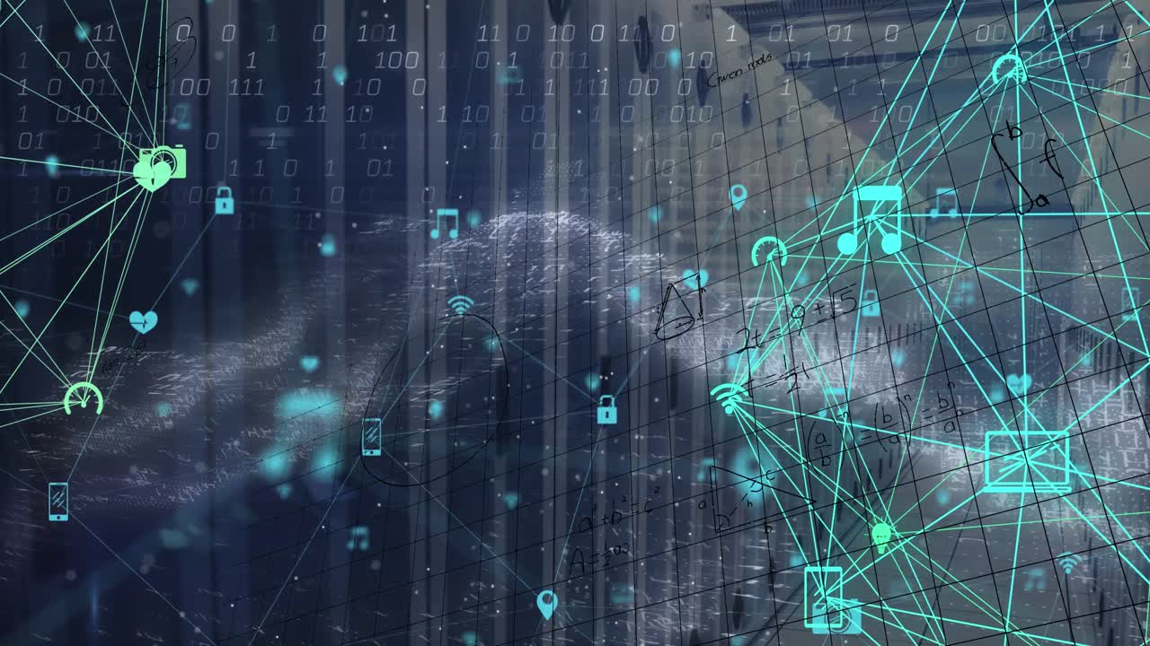Animation of moving columns over data processing on black background