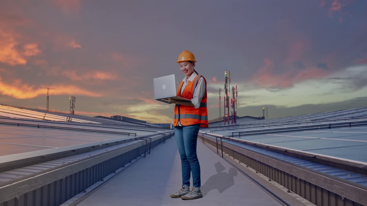Fuld kropssideprofil af asiatisk kvindelig ingeniør med sikkerhedshjelm, der arbejder på en bærbar computer, mens hun står og inspicerer industrielle tagmonterede solcellepaneler.