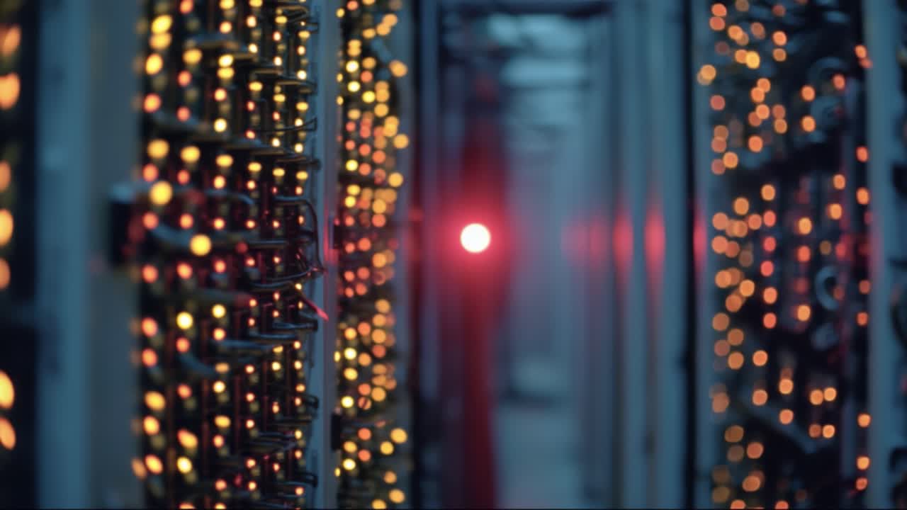 Illuminated Data Center Aisle Showcasing Vibrant LED Lights and Complex Server Equipment in a High-Tech Environment