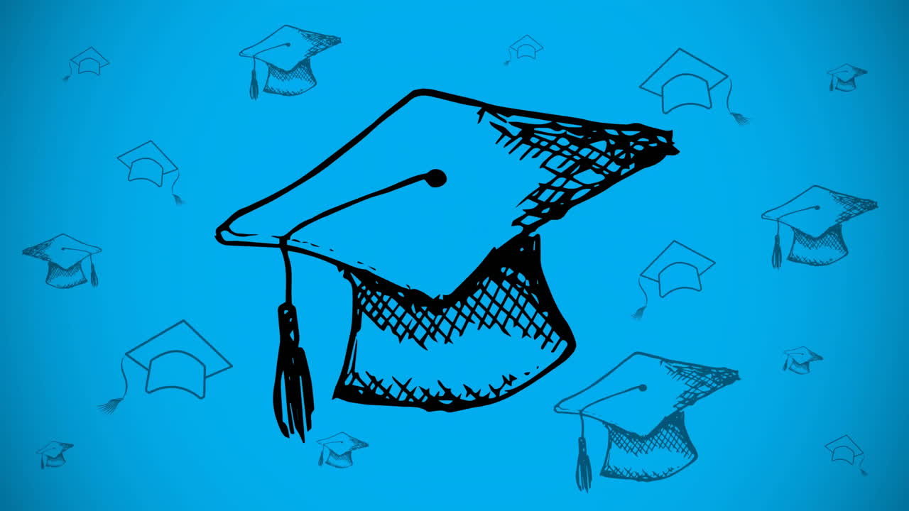 Cappelli da laurea che volano su sfondo blu